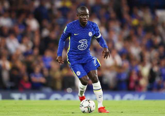Ngolo Kante of Chelsea runs with the ball during the Carabao Cup Third Round (Photo by James Chance/Getty Images)