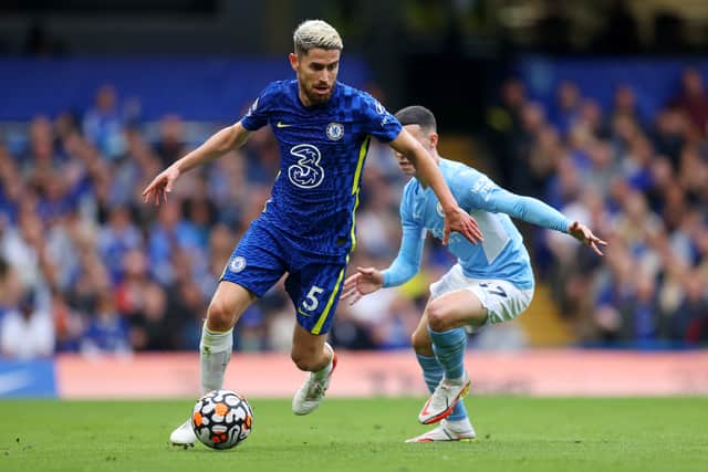 Jorginho of Chelsea is put under pressure by Phil Foden of Manchester City (Photo by Catherine Ivill/Getty Images)