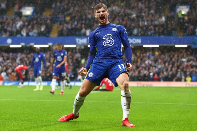 Timo Werner of Chelsea celebrates a goal that is later disallowed by VAR during the Premier League  (Photo by Clive Rose/Getty Images)