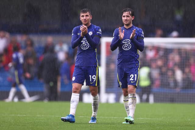 Mason Mount and Ben Chilwell of Chelsea applauds fans after their sides victory in the Premier (Photo by Ryan Pierse/Getty Images)