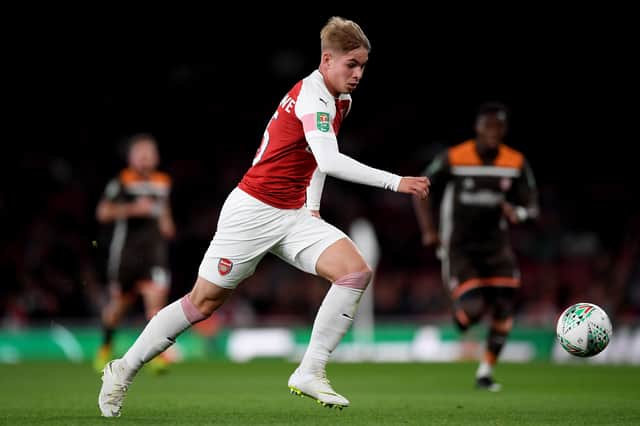   Emile Smith-Rowe of Arsenal in action during the Carabao Cup Third Round match  (Photo by Shaun Botterill/Getty Images)