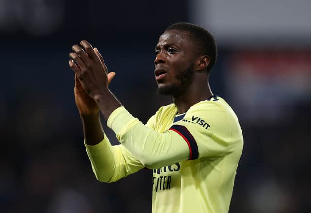 Nicolas Pepe of Arsenal acknowledges the fans after the Carabao Cup Second Round (Photo by Catherine Ivill/Getty Images)