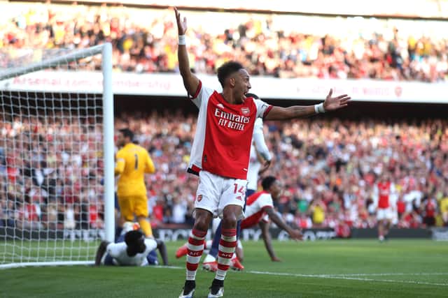 Pierre-Emerick Aubameyang of Arsenal reacts during the Premier League match  (Photo by Julian Finney/Getty Images)