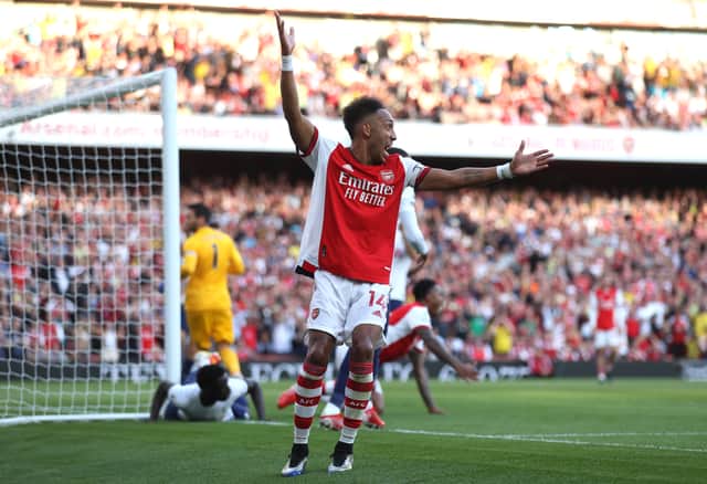 Pierre-Emerick Aubameyang of Arsenal reacts during the Premier League match (Photo by Julian Finney/Getty Images)