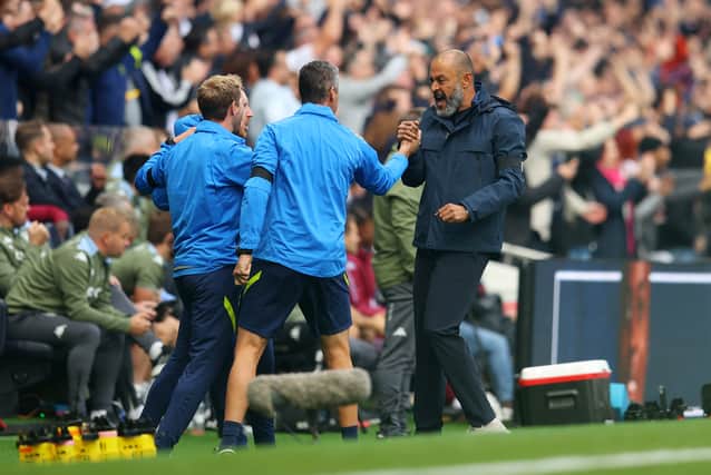 Nuno Espirito Santo, Manager of Tottenham Hotspur celebrates after their side's first goal scored by Pierre-Emile Hojbjerg  (Photo by Catherine Ivill/Getty Images)