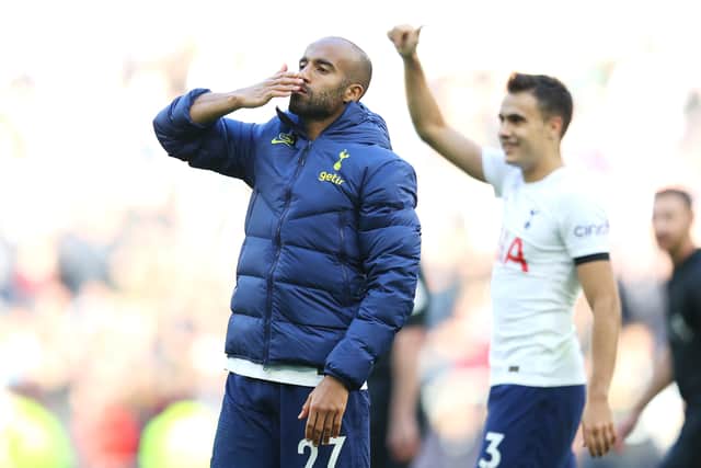 Lucas Moura of Tottenham Hotspur acknowledges the fans following the Premier League match (Photo by Catherine Ivill/Getty Images)