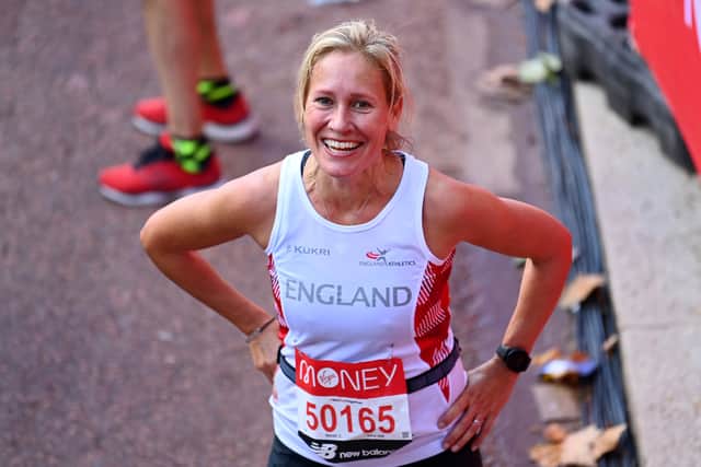 BBC Newsreader and broadcaster, Sophie Raworth reacts after finishing the 2021 Virgin Money London Marathon at Tower Bridge on October 03, 2021 in London, England. (Photo by Alex Davidson/Getty Images)