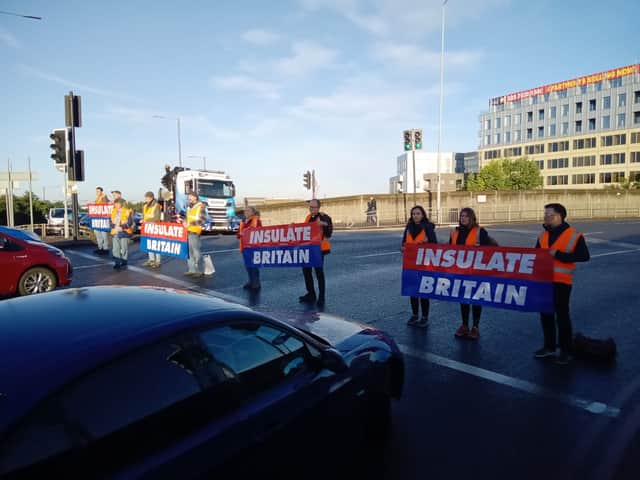 <p>Insulate Britain protestors blocked four roads in London this morning. Credit: Insulate Britain</p>