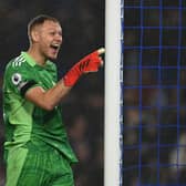 Arsenal’s English goalkeeper Aaron Ramsdale reacts after the English Premier League football match between Brighton and Hove Albion  (Photo by GLYN KIRK/AFP via Getty Images)
