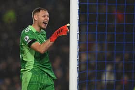 Arsenal’s English goalkeeper Aaron Ramsdale reacts after the English Premier League football match between Brighton and Hove Albion  (Photo by GLYN KIRK/AFP via Getty Images)