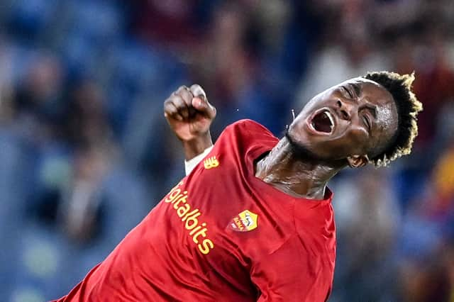 AS Roma’s British forward Tammy Abraham celebrates after Roma’s French midfielder Jordan Veretout (unseen) scored (Photo by Alberto PIZZOLI / AFP) (Photo by ALBERTO PIZZOLI/AFP via Getty Images)