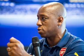 Ian Wright, former Arsenal player, speaks during a Q&A at the Barclays office during the Barclays Asia Trophy  (Photo by Charles Pertwee/Getty Images for Barclays Asia Trophy)