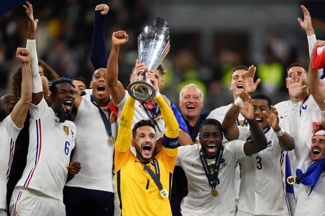 Hugo Lloris of France lifts The UEFA Nations League Trophy following their team’s victory (Photo by Mike Hewitt/Getty Images)