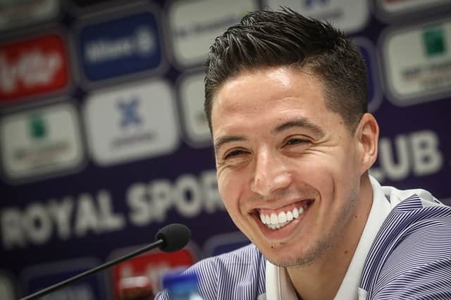 Samir Nasri speaks during a press conference in Brussels (Photo credit should read VIRGINIE LEFOUR/AFP via Getty Images)