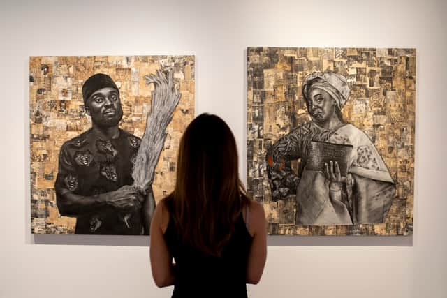 A general view of work by artist Emma Odumade on display during the “The Medium (Photo by John Phillips/Getty Images)