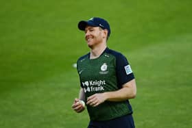 Eoin Morgan of Middlesex reacts after taking the catch of Jamie Overton of Surrey during the Vitality T20 Blast match between Middlesex and Surrey at Lord's Cricket Ground on June 10, 2021 in London, England. (Photo by Alex Davidson/Getty Images)