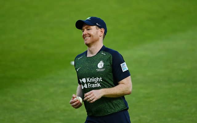 Eoin Morgan of Middlesex reacts after taking the catch of Jamie Overton of Surrey during the Vitality T20 Blast match between Middlesex and Surrey at Lord's Cricket Ground on June 10, 2021 in London, England. (Photo by Alex Davidson/Getty Images)