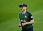 Eoin Morgan of Middlesex reacts after taking the catch of Jamie Overton of Surrey during the Vitality T20 Blast match between Middlesex and Surrey at Lord's Cricket Ground on June 10, 2021 in London, England. (Photo by Alex Davidson/Getty Images)