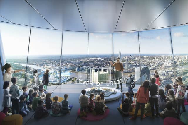 A computer generated image showing the view from the Tulip over the Thames and London. Credit: DBOX for Foster + Partners 