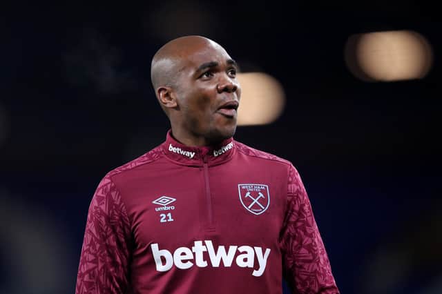 Angelo Ogbonna of West Ham United warms up prior to the Premier League match (Photo by Alex Pantling/Getty Images)