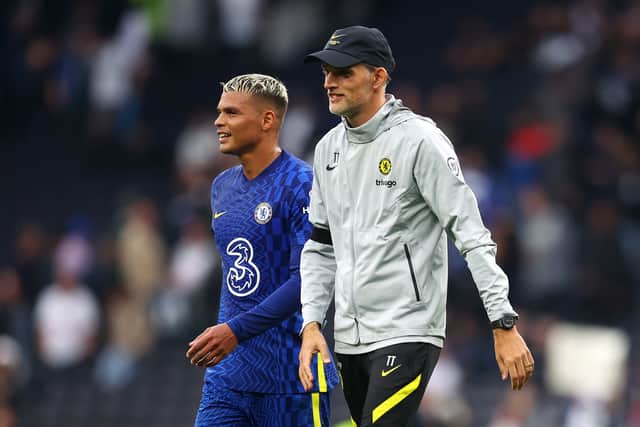 Thomas Tuchel, Manager of Chelsea and Thiago Silva of Chelsea react following the Premier League (Photo by Catherine Ivill/Getty Images)