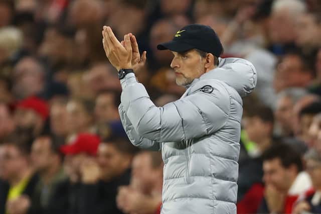 <p>Thomas Tuchel, Manager of Chelsea applauds his team during the Premier League match (Photo by Clive Rose/Getty Images)</p>