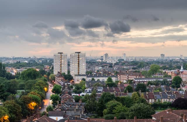 Streets of terraced house and council estate tower blocks form the cityscape of Tooting and Earlsfield in south west London.
