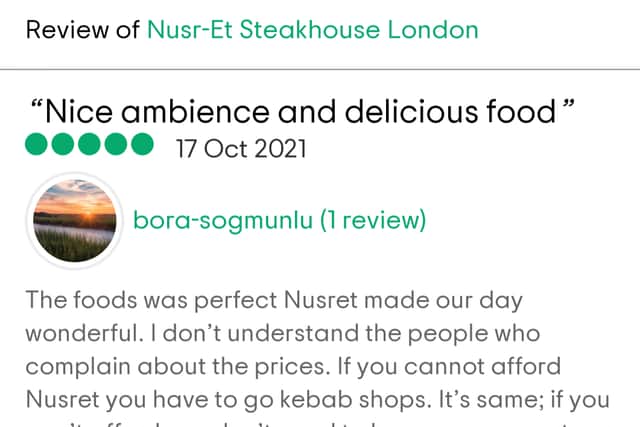Bora Sogmunlu’s positive review of Salt Bae’s restaurant. Credit: TripAdvisor.