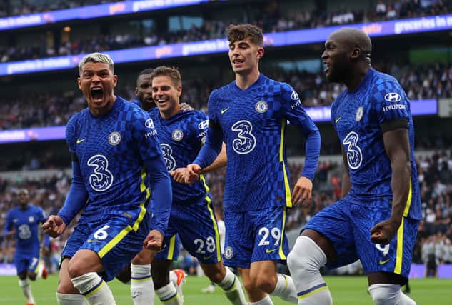 Thiago Silva of Chelsea celebrates scoring the first goal during the Premier League match (Photo by Catherine Ivill/Getty Images)