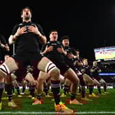 Rieko Ioane, Samuel Whitelock, Codie Taylor of the All Blacks perform the haka with the team ahead of the Rugby Championship and Bledisloe Cup match between the New Zealand All Blacks and the Australia Wallabies at Eden Park on August 07, 2021 in Auckland, New Zealand