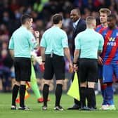 Patrick Vieira, Manager of Crystal Palace confronts match referee (Photo by Julian Finney/Getty Images)