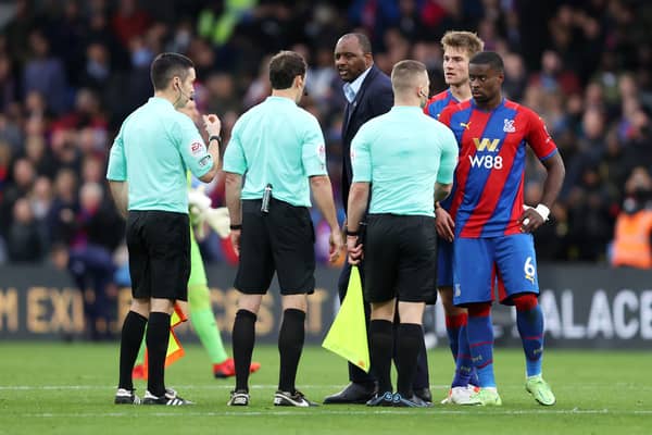Patrick Vieira, Manager of Crystal Palace confronts match referee (Photo by Julian Finney/Getty Images)