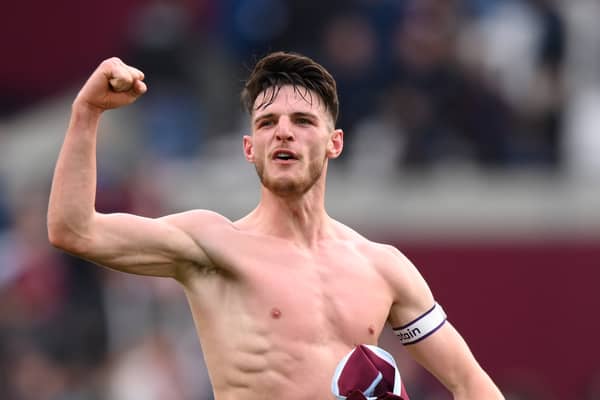 Declan Rice of West Ham United celebrates their side’s victory after during the Premier League (Photo by Justin Setterfield/Getty Images)
