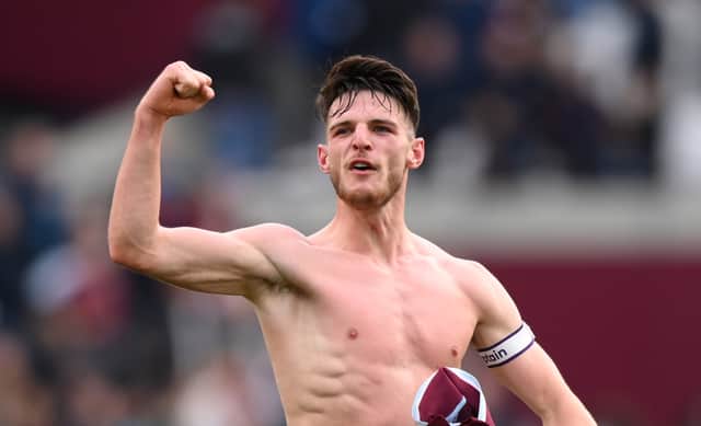 Declan Rice of West Ham United celebrates their side’s victory after during the Premier League (Photo by Justin Setterfield/Getty Images)