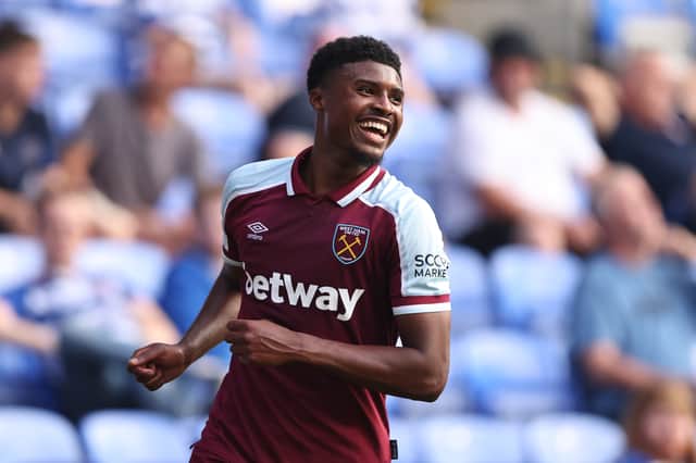 Ben Johnson of West Ham United celebrates scoring their 3rd goal during the pre-season friendly (Photo by Marc Atkins/Getty Images)