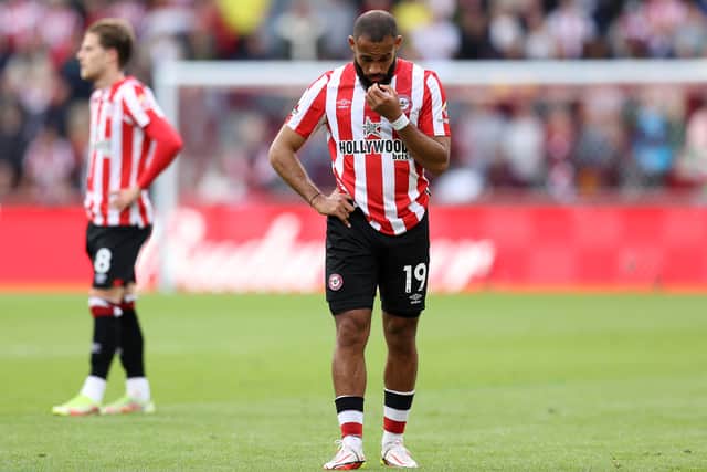 Bryan Mbeumo of Brentford reacts during the Premier League match (Photo by Alex Pantling/Getty Images)
