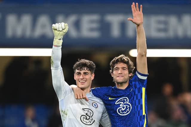 Kepa Arrizabalaga and Marcos Alonso of Chelsea celebrate following their side’s victory in the Carabao Cup Round of 16 match (Photo by Shaun Botterill/Getty Images)
