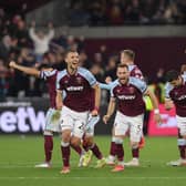 Tomas Soucek, Vladimir Coufal, Aaron Cresswell and Issa Diop celebrate after Said Benrahma (Photo by Mike Hewitt/Getty Images)
