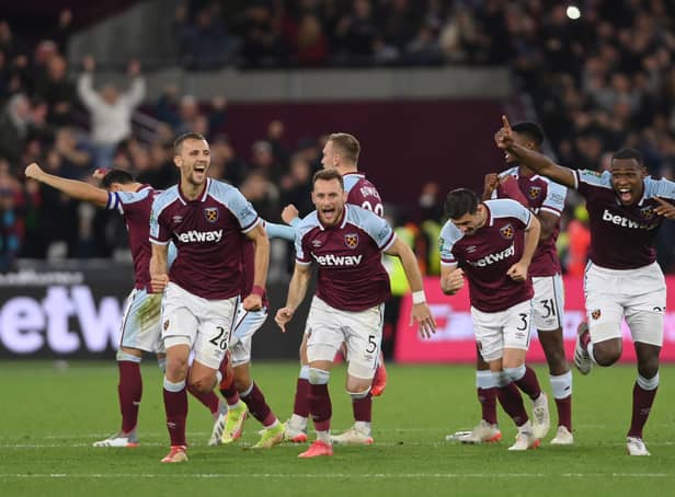 <p>Tomas Soucek, Vladimir Coufal, Aaron Cresswell and Issa Diop celebrate after Said Benrahma (Photo by Mike Hewitt/Getty Images)</p>