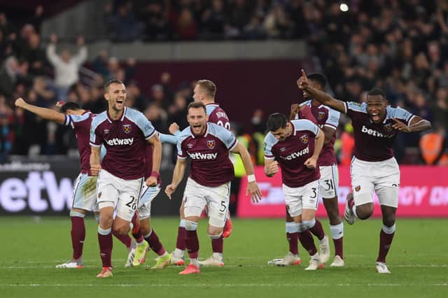 <p>Tomas Soucek, Vladimir Coufal, Aaron Cresswell and Issa Diop celebrate after Said Benrahma (Photo by Mike Hewitt/Getty Images)</p>