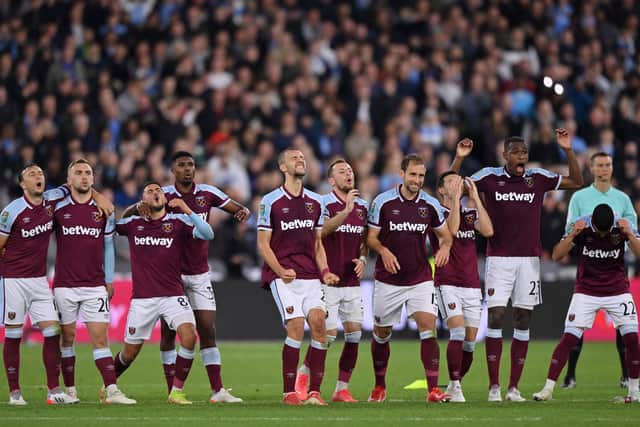 Mark Noble, Jarrod Bowen, Pablo Fornals, Ben Johnson, Tomas Soucek, Vladimir Coufal, Aaron Cresswell (Photo by Justin Setterfield/Getty Images)