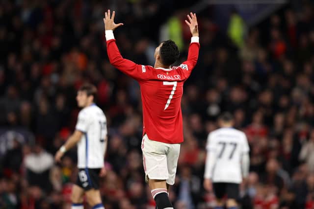 Cristiano Ronaldo of Manchester United reacts during the UEFA Champions League group F  (Photo by Naomi Baker/Getty Images)