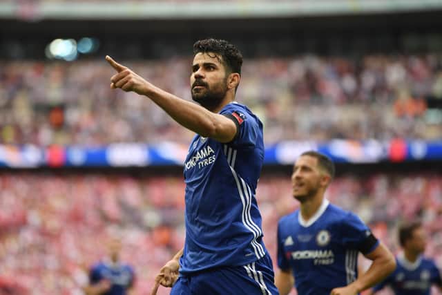 Diego Costa of Chelsea celebrates scoring his sides first goal during the Emirates FA Cup Final (Photo by Mike Hewitt/Getty Images)