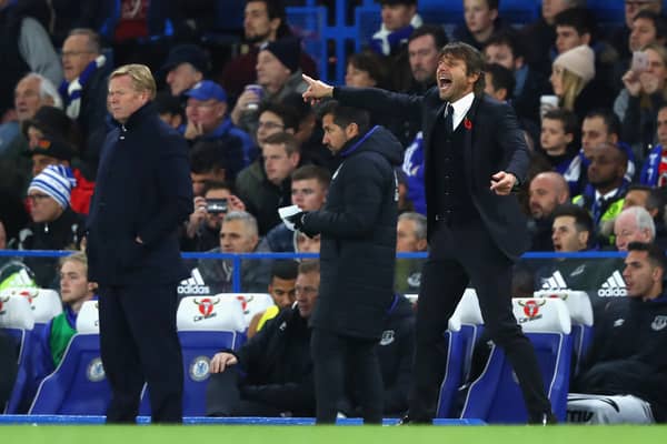 Antonio Conte, right, alongside former Everton boss Ronald Koeman. Picture: Clive Rose/Getty Images