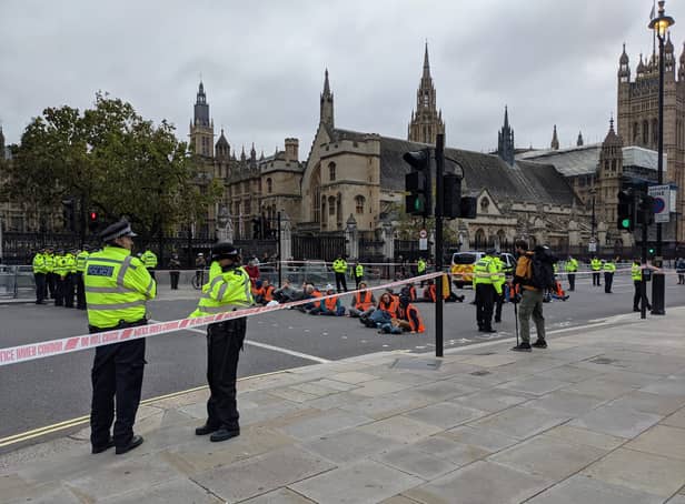 <p>Insulate Britain protesters block Westminster Bridge. Credit: Harriet Clugston</p>