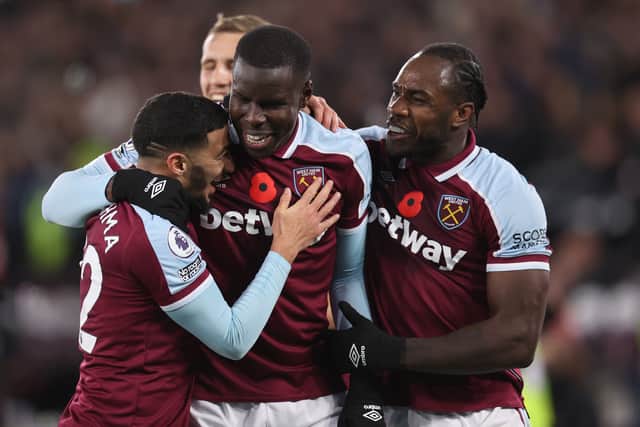 Kurt Zouma of West Ham United celebrates after scoring their side’s third  (Photo by Alex Pantling/Getty Images)