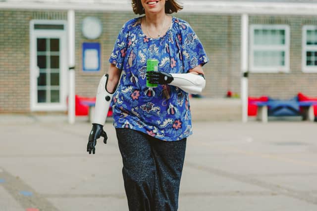 Teacher Kath Tregenna from London who is back in the classroom following a quadruple amputation - thanks to some clever bionic limbs. Credit: Paul Underhill / Open Bionics SW
