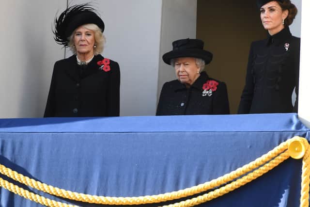 Camilla, Duchess of Cornwall, Queen Elizabeth II and Catherine, Duchess of Cambridge attend the annual Remembrance Sunday memorial at The Cenotaph on November 10, 2019 in London, England. Credit: Chris J Ratcliffe/Getty Images