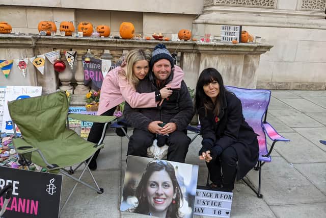 BBC presenters Victoria Coren Mitchell, left, and Claudia Winkleman, right, support Richard Ratcliffe on the 16th day of his hunger strike. Credit: Lynn Rusk