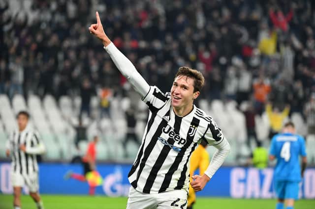 Federico Chiesa toasts netting for Juventus. Picture: Turin. (Photo by Isabella BONOTTO / AFP) (Photo by ISABELLA BONOTTO/AFP via Getty Images